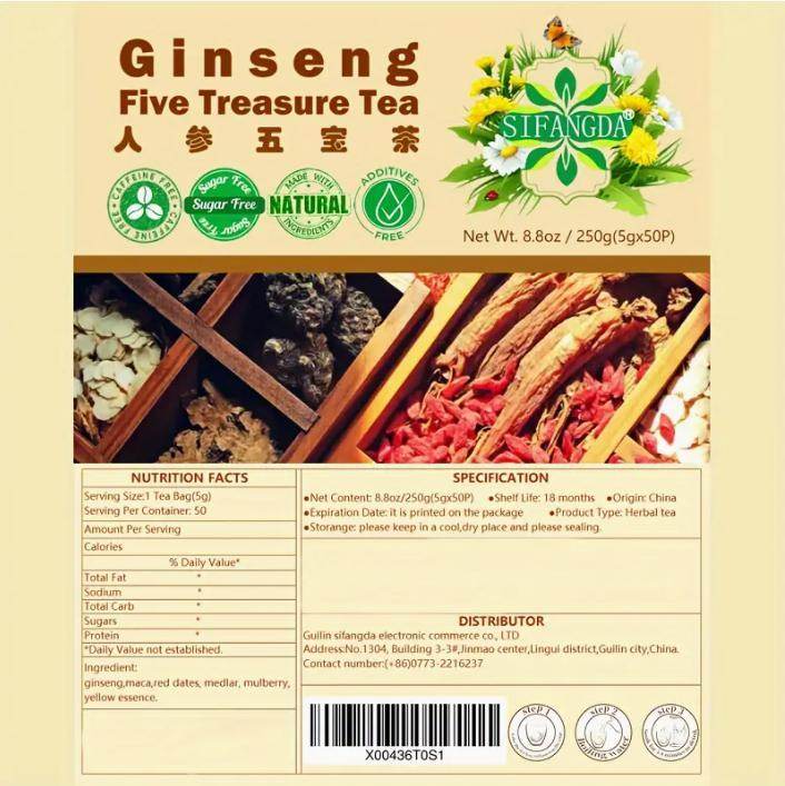8.81 Oz Five Treasures Ginseng Tea - 250g, 50 Pieces, 5g - EX-STOCK Canada