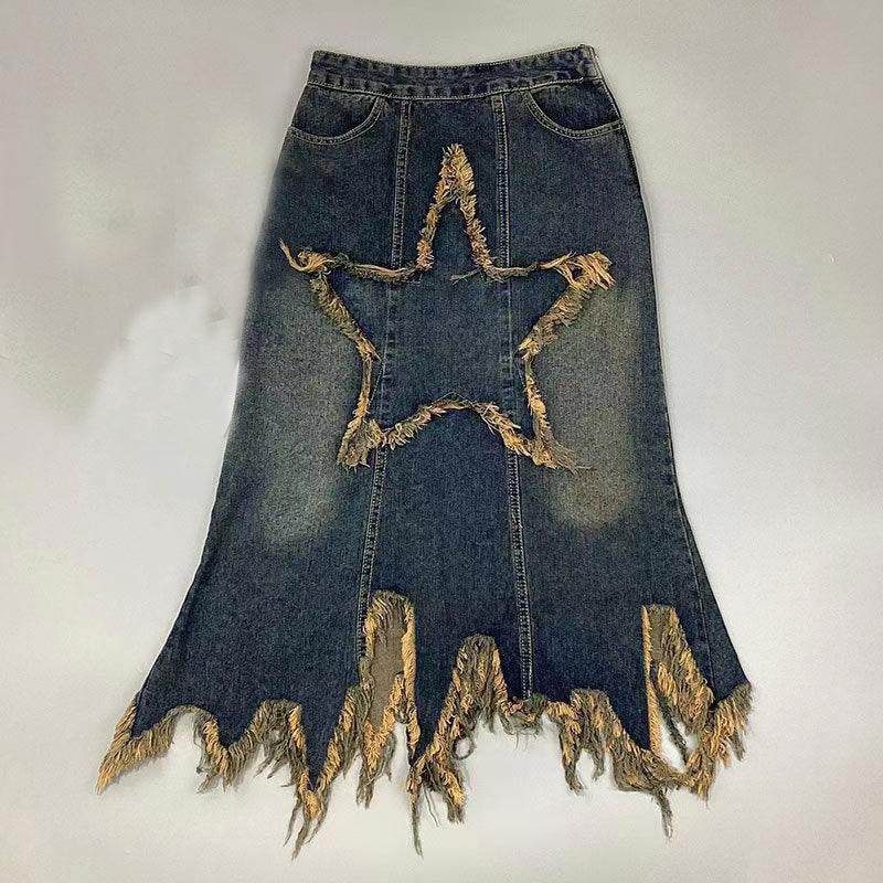 Women's American-style Retro High Waist Irregular Midi Denim Skirt - EX-STOCK Canada