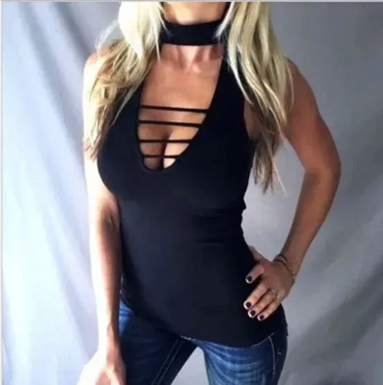 Sexy Tank Women Casual Lace Up Hollow Out V neck Tops - EX-STOCK CANADA