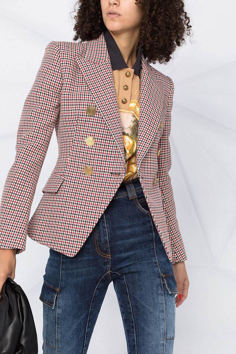 Houndstooth Small Jacket Women Long-Sleeved Double-Breasted Plaid Blazer - EX-STOCK Canada