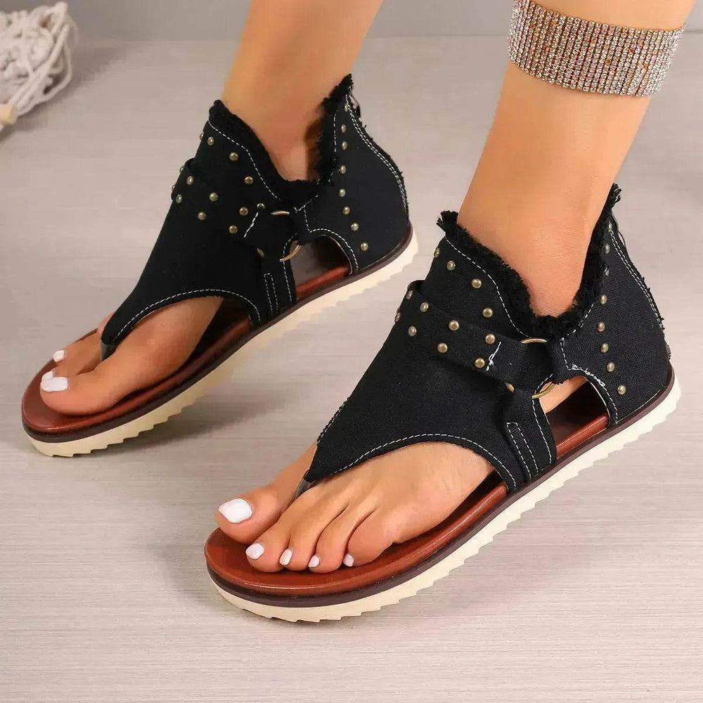Denim Thong Sandals With Rear Zipper Summer Retro Beach Flat Sandals - EX-STOCK Canada
