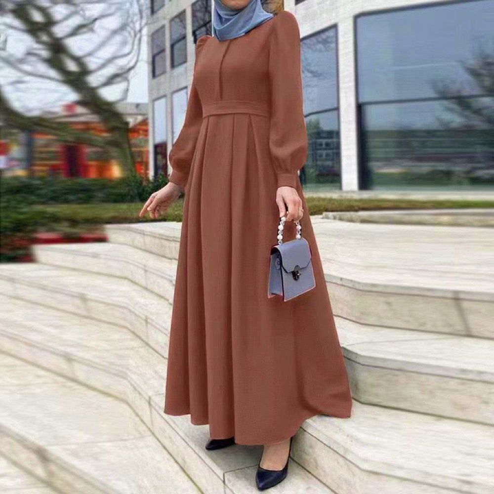 Abito Lungo Musulmano Casual Liscio a Colore Unito con Cintura e Cerniera - EX-STOCK Canada