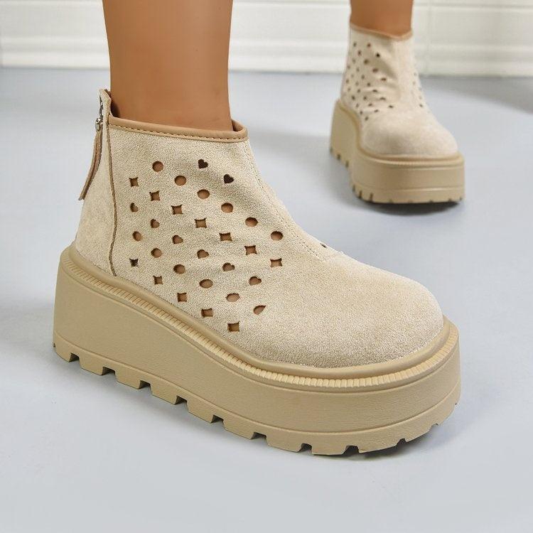 Damen Perforierte Plateau-Stiefeletten, Rückseiten-Reißverschluss Atmungsaktive Keilabsatz-Booties, Lässige Stiefel mit klobiger Sohle und Ausschnitten