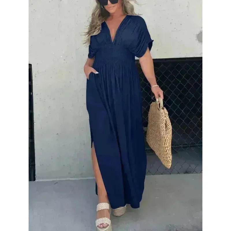 Fashion Bat-sleeved V-neck Slit Dress Summer Beach Short Sleeve Elastic Waist Split Long Dresses Womens Clothing - EX-STOCK Canada