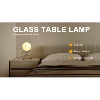 13.5 H Glass Globe Matte Gold Spiral 4 Ring Metal Stand Table Lamp For Living Room, Nightstand Bedside Table Lamp For Bedroom, LED Lamp - EX-STOCK Canada