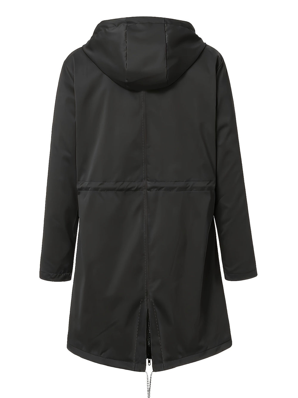 A black hooded raincoat shown from the back, featuring a high collar, long sleeves, and a central front zipper, displayed on a solid white background.