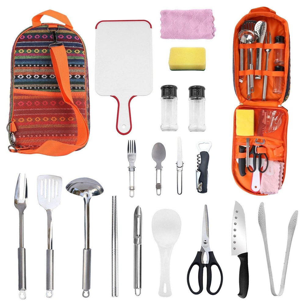 19Pcs Camping Cooking Utensil Kit Portable Picnic Cookware Outdoor Kitchen Equipment Gear Campfire Barbecue Appliances With Storage Bag - EX-STOCK Canada