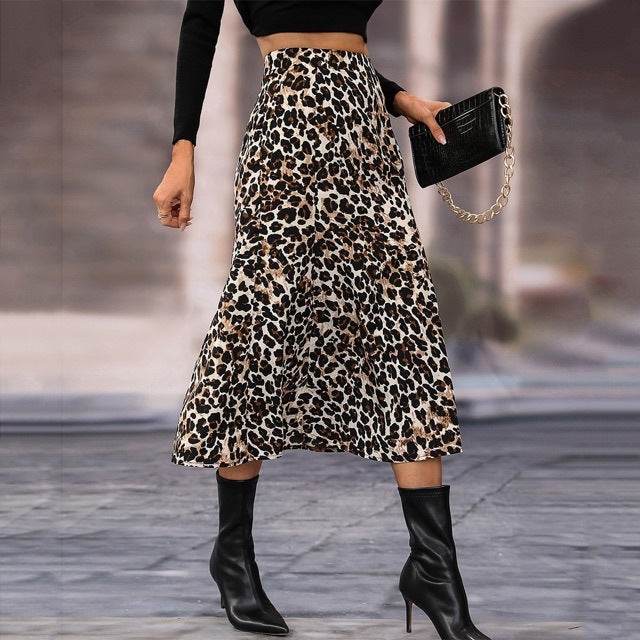 Women's A- Line Umbrella Skirt High Waist Leopard Print Midi sheath Skirt - EX-STOCK Canada