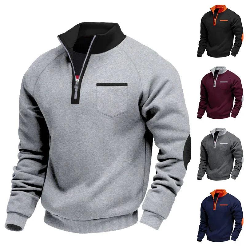 Herren Fleece-gefüttertes, strapazierfähiges, warmes Sweatshirt mit Reißverschluss, Stehkragen, Patchwork, stylisch, lässig, langärmligEX-STOCK Canada