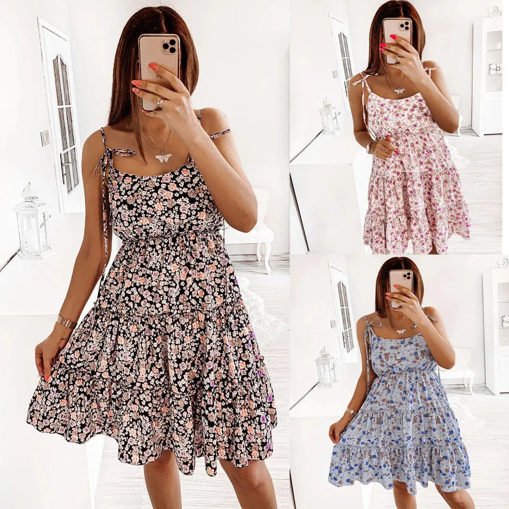 European And American Spring And Summer Small Floral Digital Printing Slip Dress - EX-STOCK CANADA