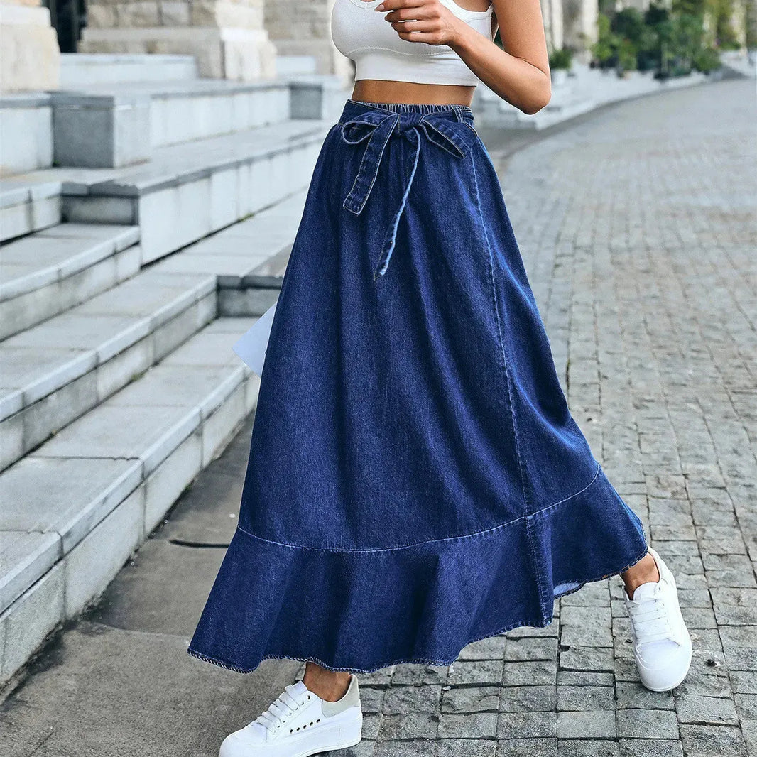 Ladies Fashion Casual Ruffled Blue Denim Maxi Skirt Women - EX-STOCK CANADA