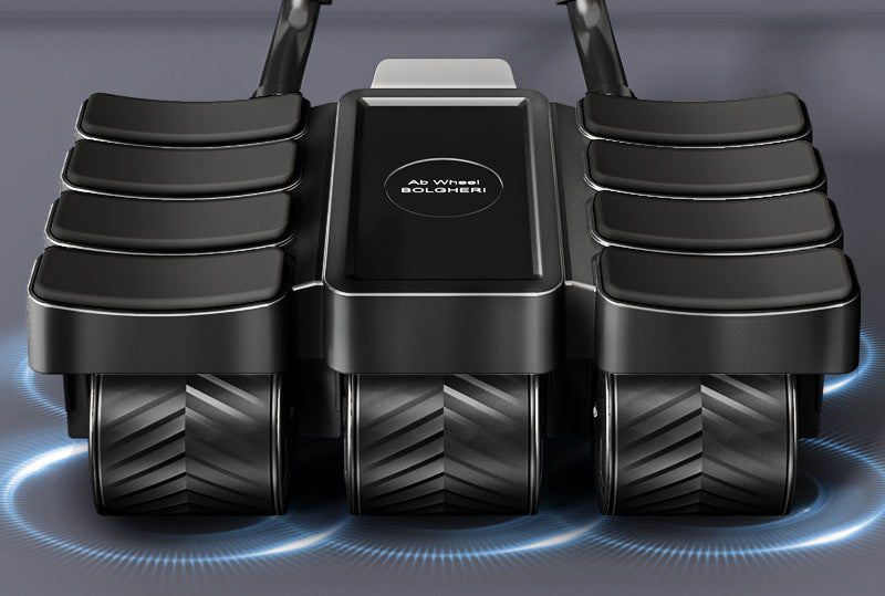A black multi-functional massage and exercise device with three main massage pads on top and three textured cylindrical rollers underneath, shown on a dark gray background with blue light effects.