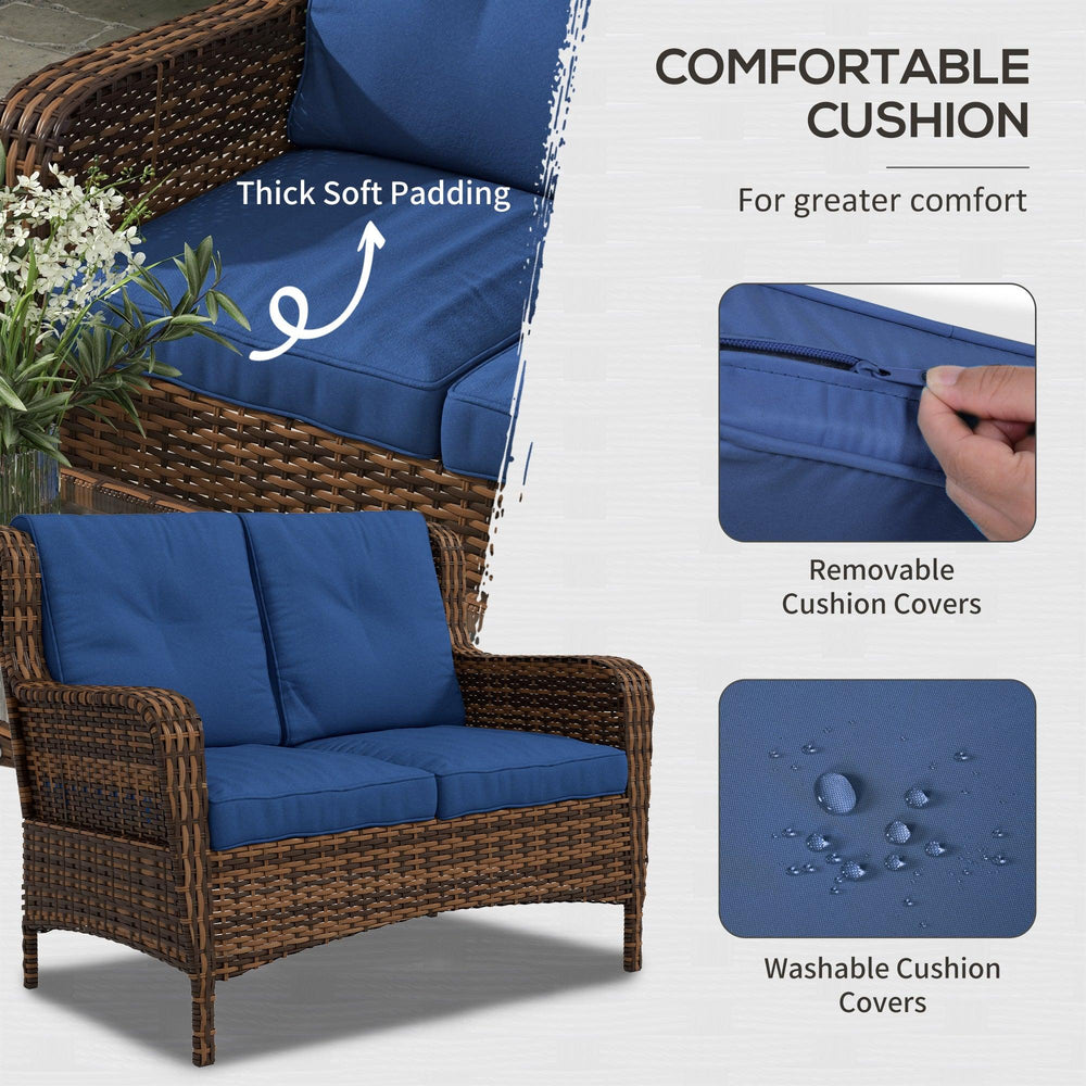 4-teiliges Rattan-Gartenmöbel-Set, Gesprächsset mit drehbaren Schaukelstühlen, Tisch und Zweisitzer für Garten, Terrasse, BlauEX-STOCK Canada