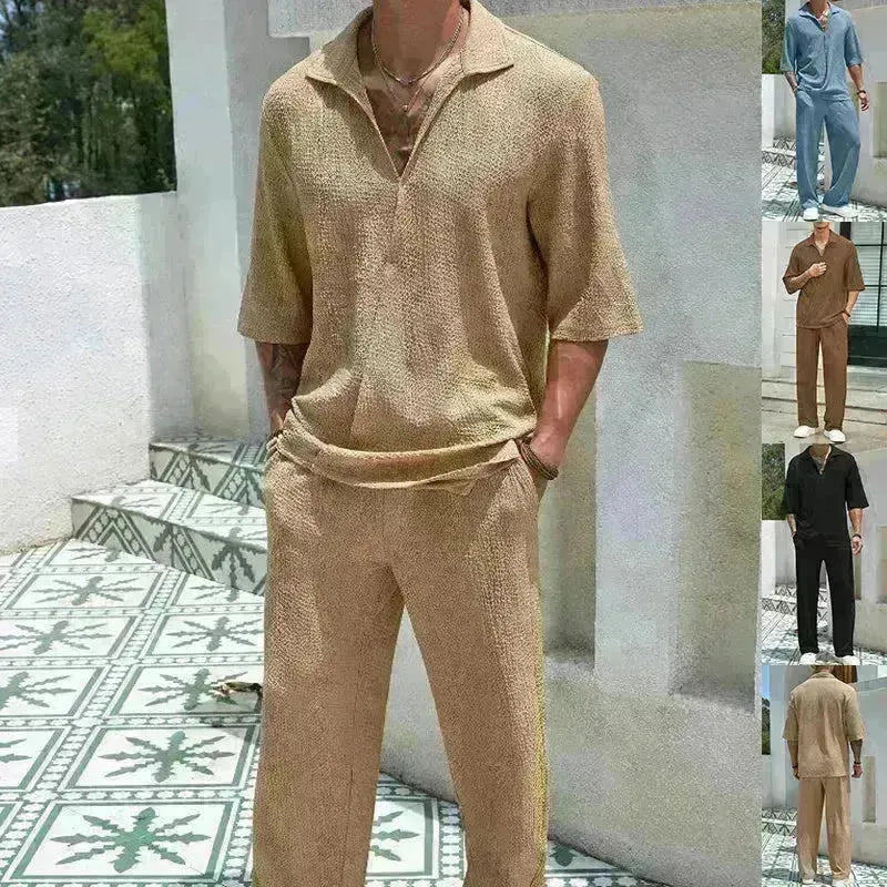 Men's Casual summer 2 piece Pant sets Short sleeved Top and Straight leg pant