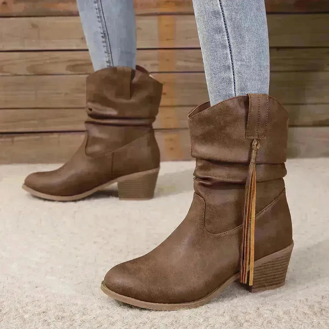 Retro Tassel Boots Winter Thick Square Heel Mid-calf Knight Western Boots Woman Fashion Shoes