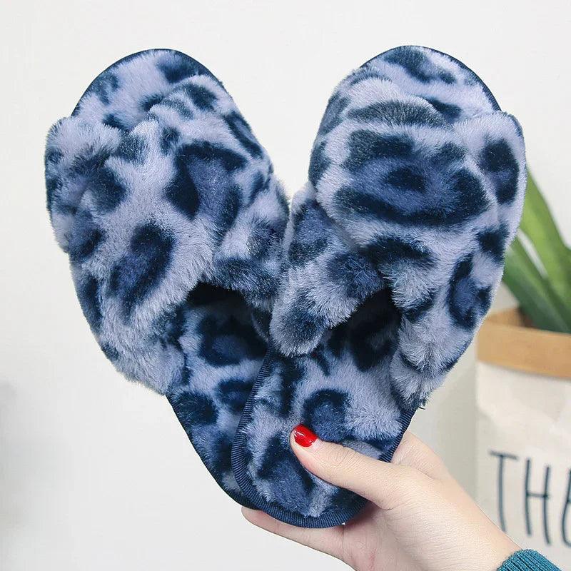 Chaussons Mignons à Lanières Croisées Léopard en Peluche Pour La Maison Chaussons Plates de Chambre Chaussons Pour FemmesEX-STOCK Canada