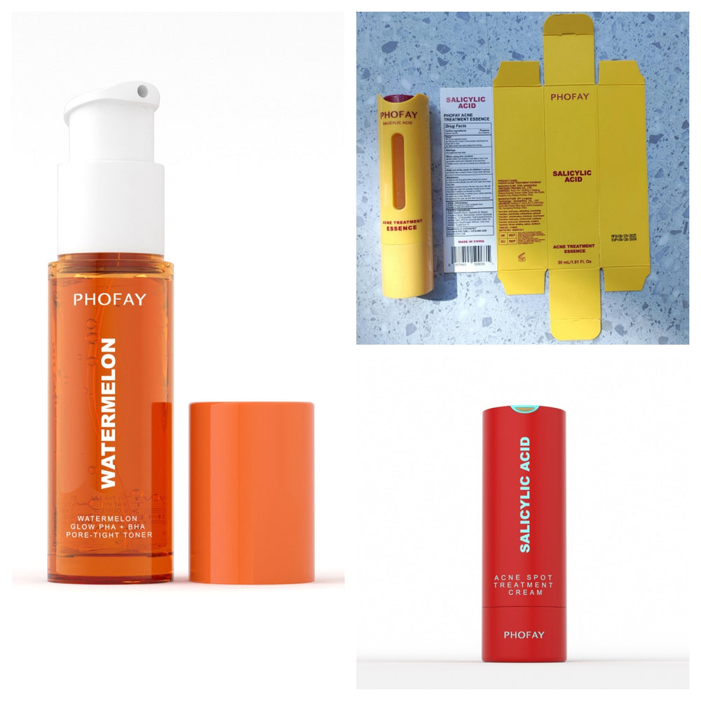 PHOFAY skincare products including a watermelon-toner bottle, salicylic-acid cream, and packaging on a light blue background.