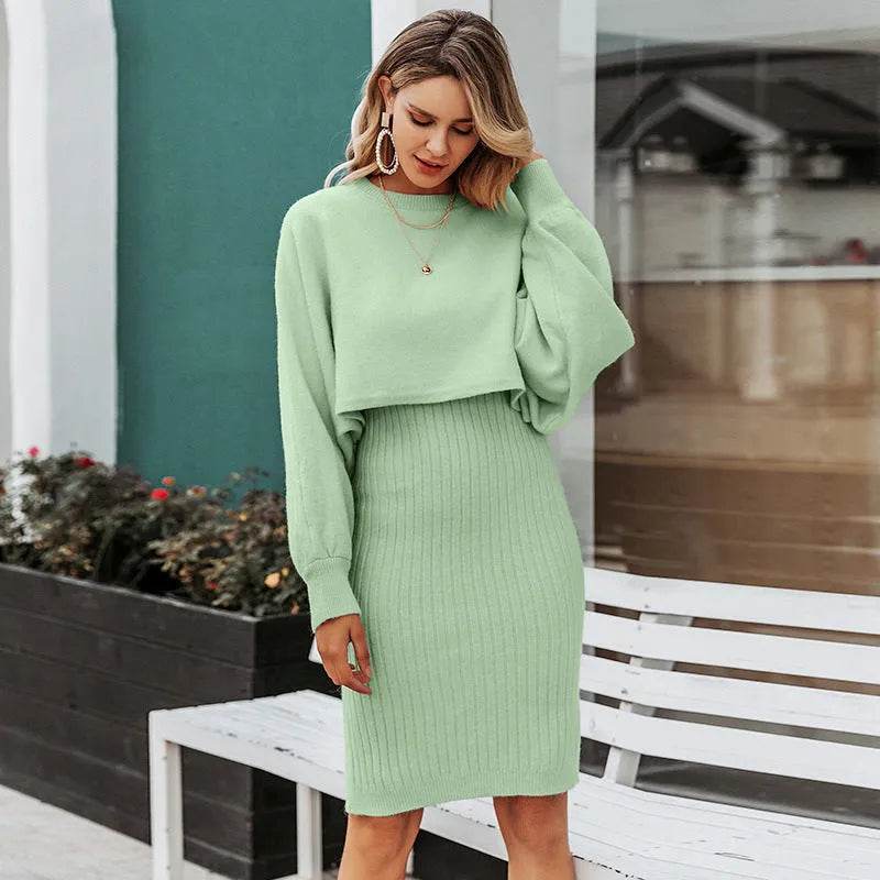 Women 2pcs Winter Outfit Cashmere dress Cropped Pullover top - EX-STOCK Canada
