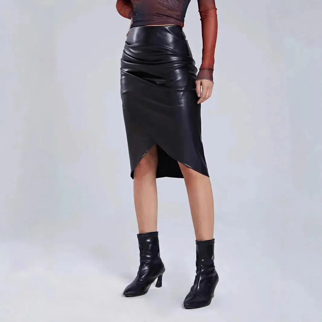 Front Split Leather Skirt Formal Office Work High Waist Sheath midi black Skirt - EX-STOCK CANADA