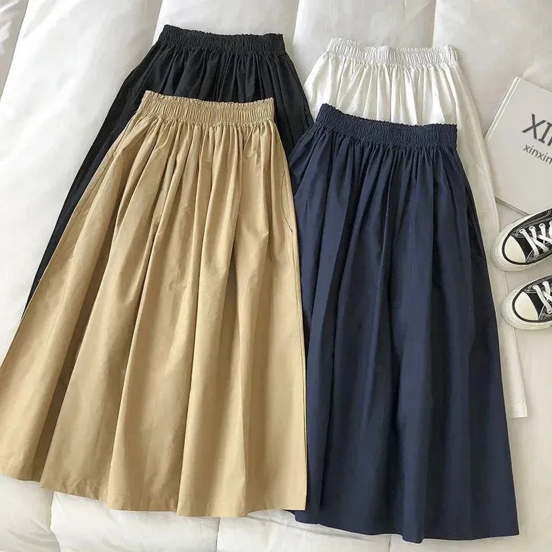 Solid Color Women Workwear Pleated Midi Skirt - EX-STOCK CANADA