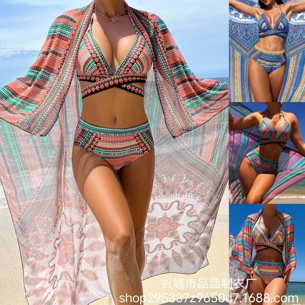 Women's Split Cross Strap Retro Ethnic Style Swimsuit - EX-STOCK Canada