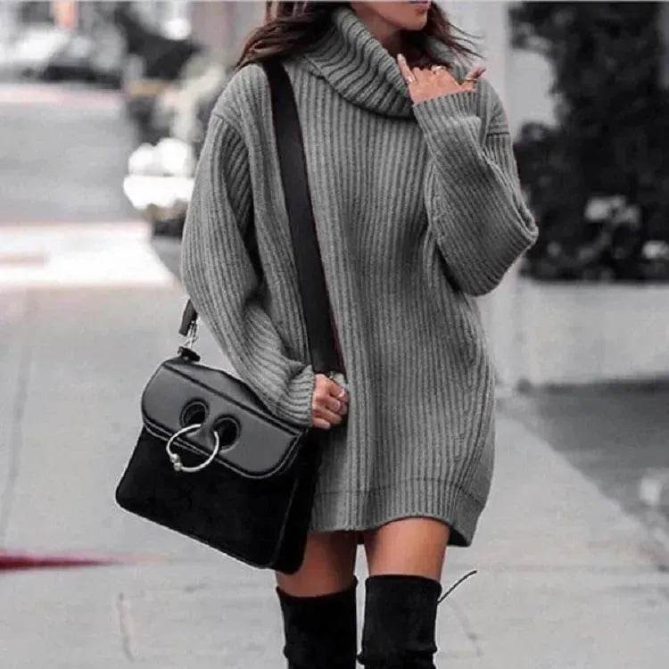 Autumn Winter Solid Cashmere oversized Knitted Mini Turtleneck Sweater Dress - EX-STOCK Canada
