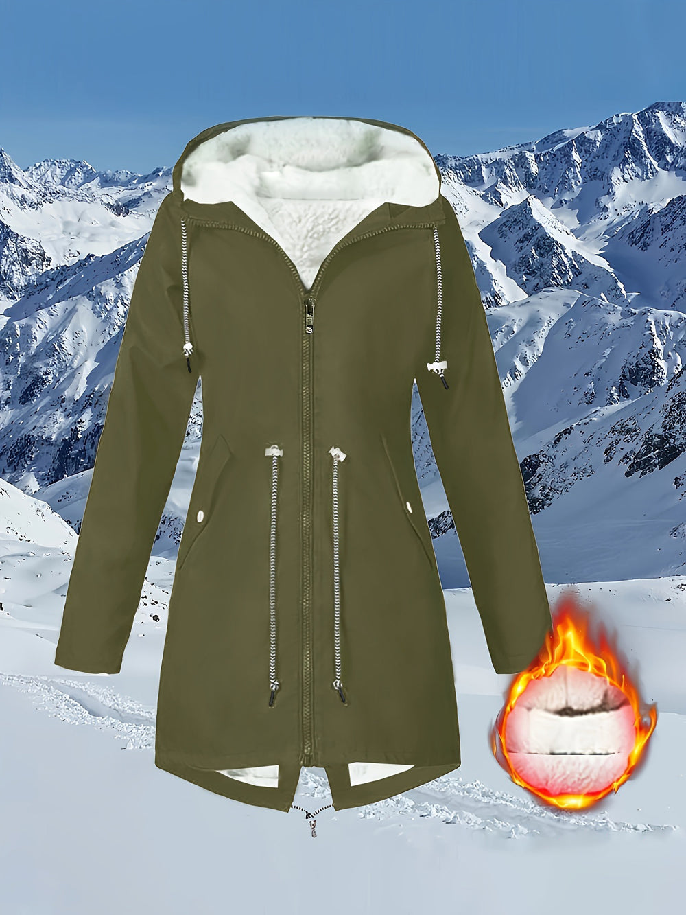 Green winter coat with white fur lining against a snowy mountain background