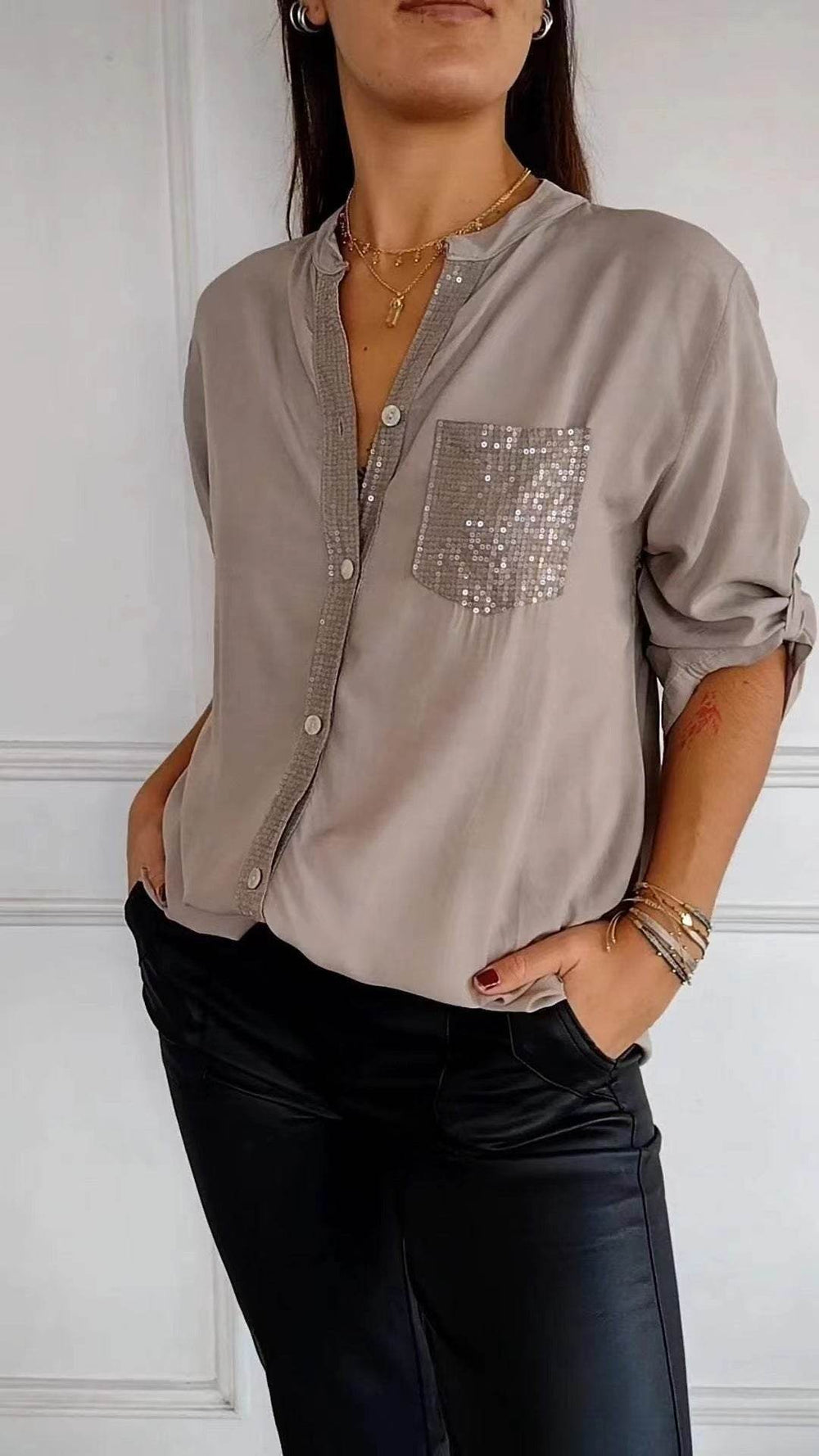 Casual Button-down Long Sleeve Shirt With Sequin Pocket Design Fashion Commuter Top Women Clothing - EX-STOCK Canada