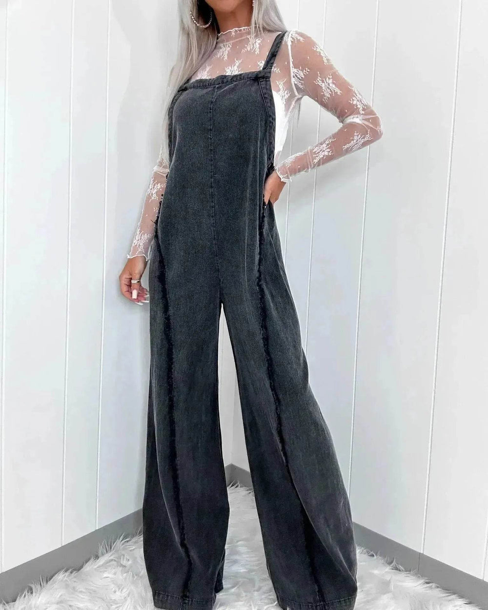 Retro Washed Raw Edge Denim Wide-leg Suspender Denim Jumpsuit Baggy Denim Jeans Jumper - EX-STOCK Canada
