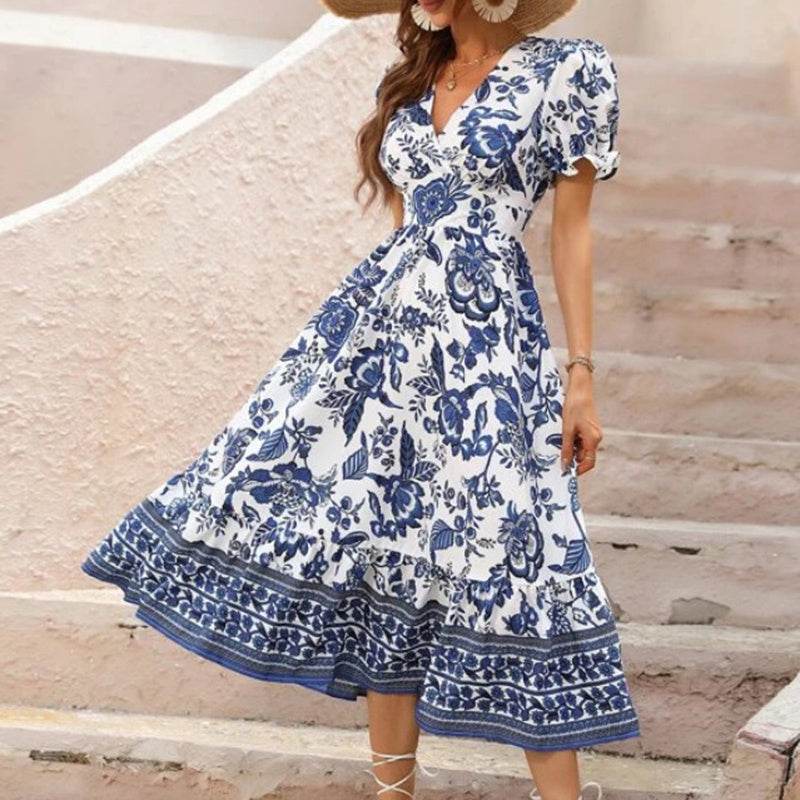 Puff Sleeve dress V Neck Blue Floral Bohemian Midi Dress - EX-STOCK Canada