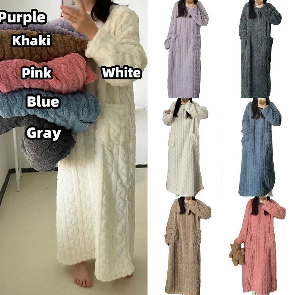 Winter Coral Fleece Sleepwear Women's Nightgown Long Night Dress Pajamas With Pockets Thickened Jacquard Dress Warm Home Clothes - EX-STOCK CANADA