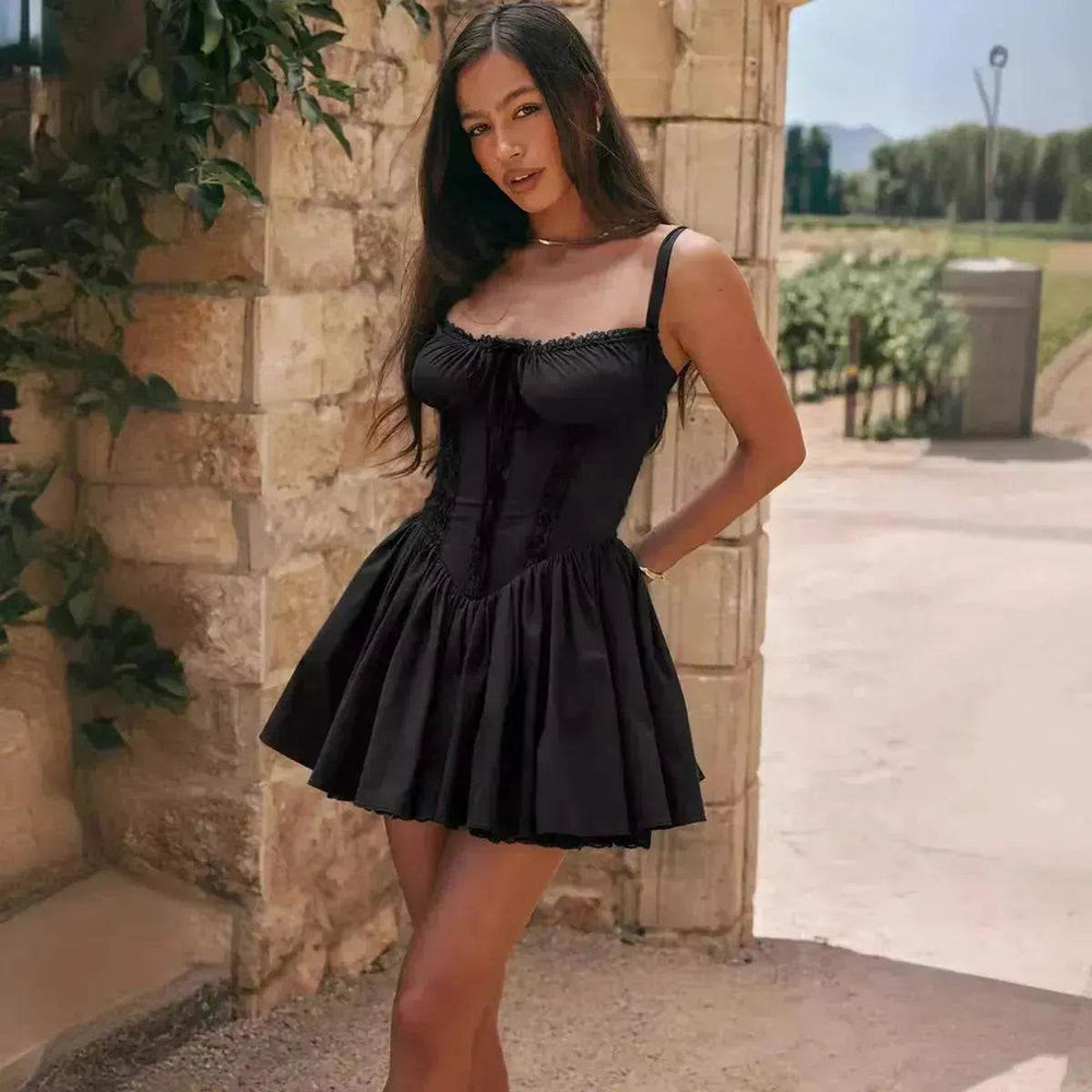 Elegant Chic Women Suspender Mini Skater Dress Summer Fashion Lace-up Slim Waist Pleated Short Dresses For Evening Party Cocktail Occasions - EX-STOCK Canada