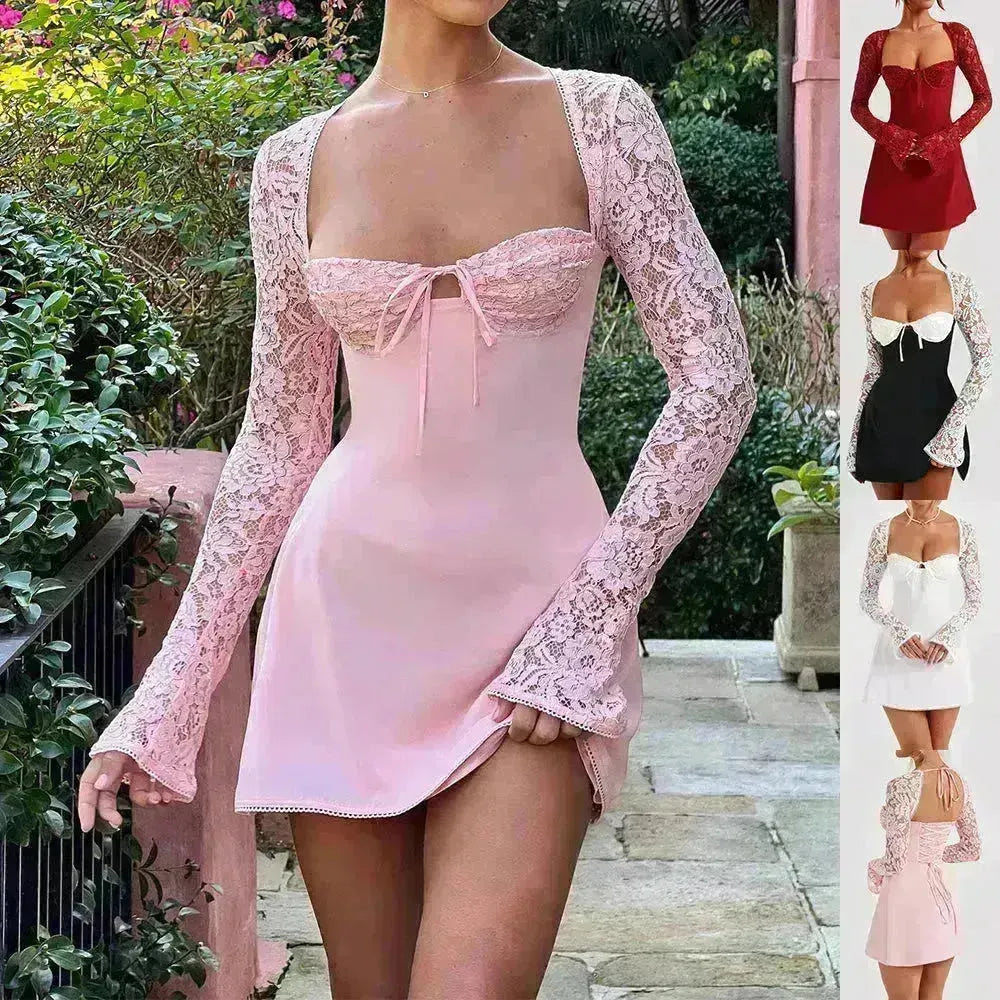 Women Fashion Corset in pizzo abito a maniche lunghe affascinante Y2K in pizzo senza schienale su mini abito basso mini abito posteriore per eventi da sera da cocktail.