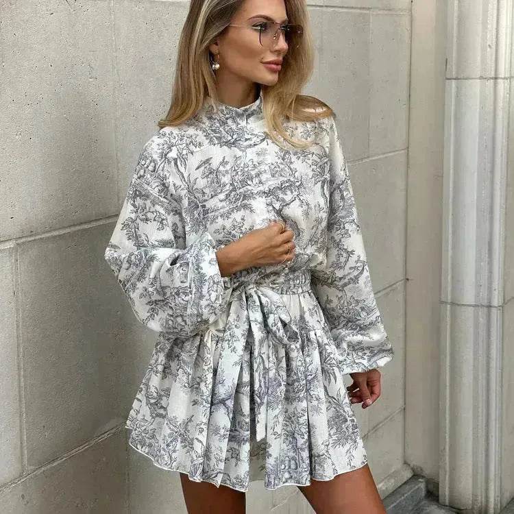 Ink Print Long Sleeve Floral Short Mini Skater Dress With Fashion Puffy Sleeve Lapel Tie A-Line Dress Clothing - EX-STOCK Canada