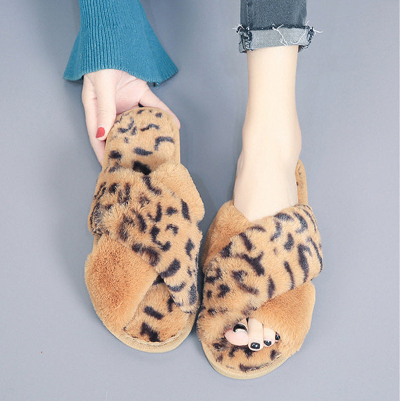 Cross-strap Fuzzy Slippers Leopard Plush House Shoes Flat Bedroom Slippers Slippers For Women EX-STOCK Canada