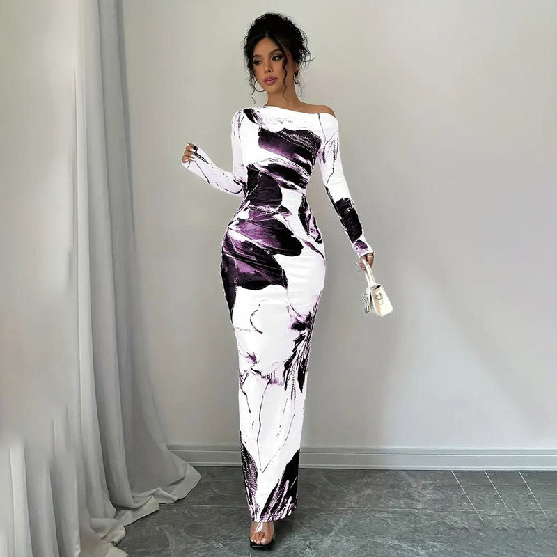 Elegant Long Sleeve Off-Shoulder Tie-Dye Floral Bodycon Dress Stretchy Season Party & Casual Dress EX-STOCK