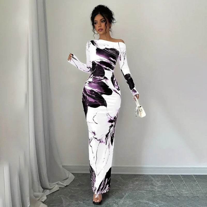 Elegant Long Sleeve Off-Shoulder Tie-Dye Floral Bodycon Dress Stretchy Season Party & Casual Dress - EX-STOCK Canada