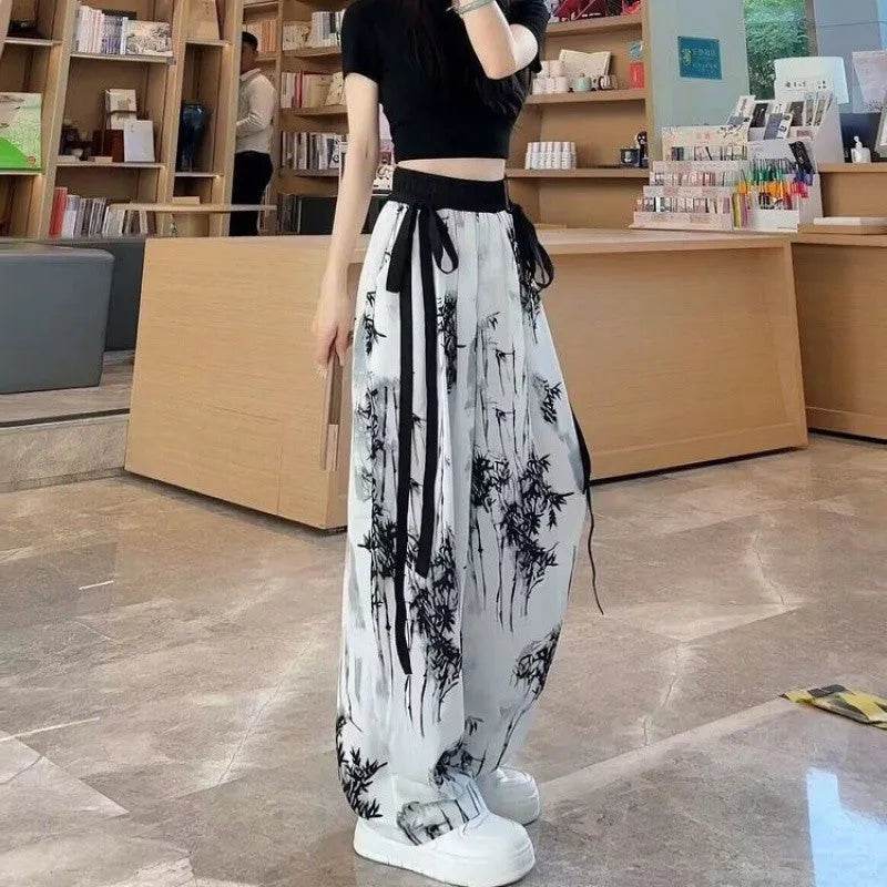 New Painting Ice Silk Wide-leg Baggy Trouser Pants Summer Women - EX-STOCK Canada