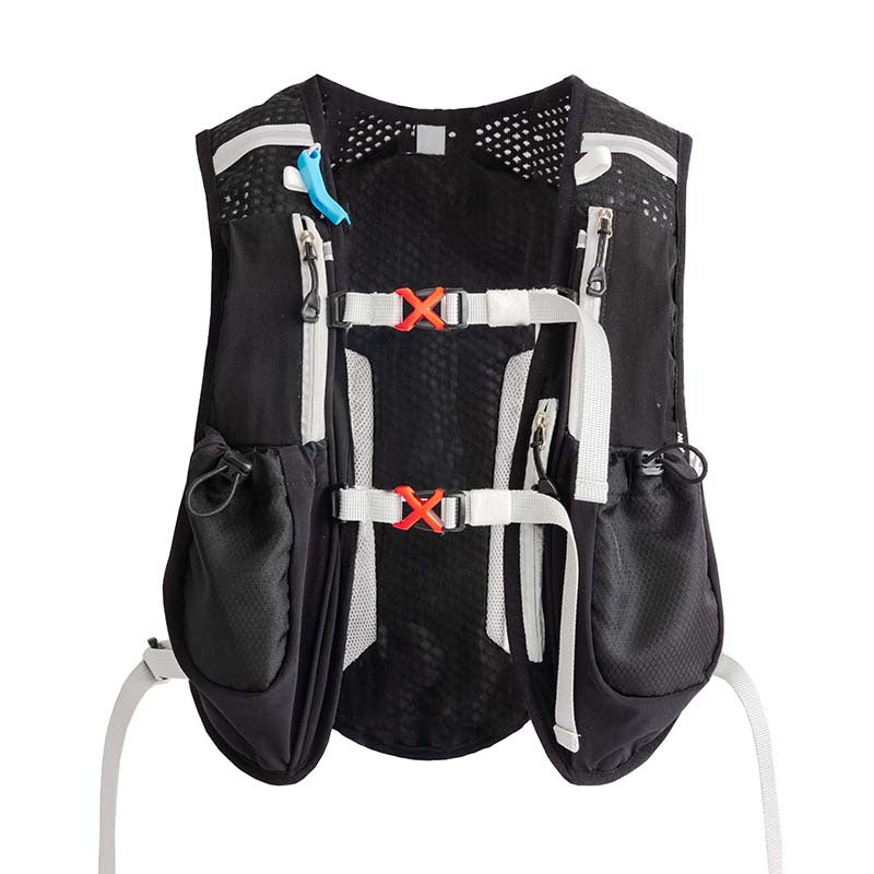 Black hydration vest with multiple pockets and straps on a white background