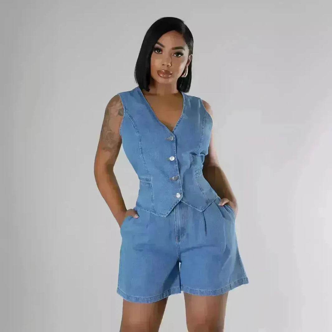 Fashion Casual Sleeveless High Wel Women Shorts Shorts Sithes Denim Set da 2 pezzi