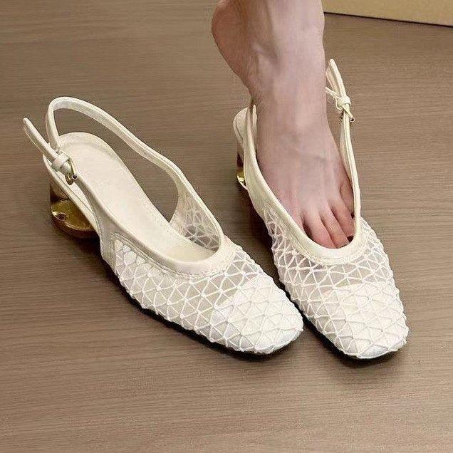 2025 Französische Retro Mary Jane Sandalen für Damen mit eckiger Spitze, Mesh, durchlochtenem Blockabsatz