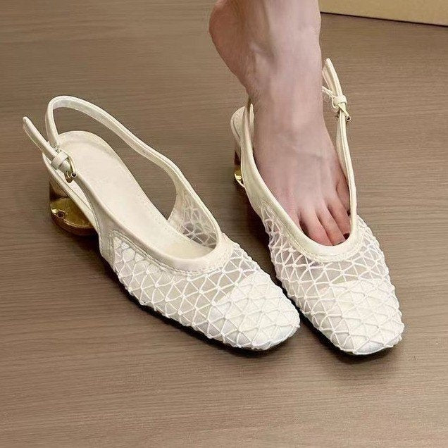 Sandalias Mary Jane femeninas de malla con punta cuadrada retro francesa 2025 y tacón grueso hueco