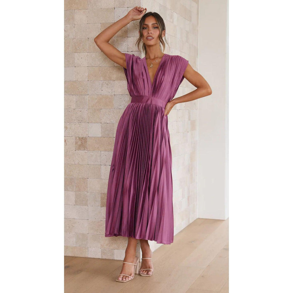 Robe d'été plissée à col en V Mode INS Décontractée Ample Robe sans manches avec fermeture éclair pour femmes Vêtements