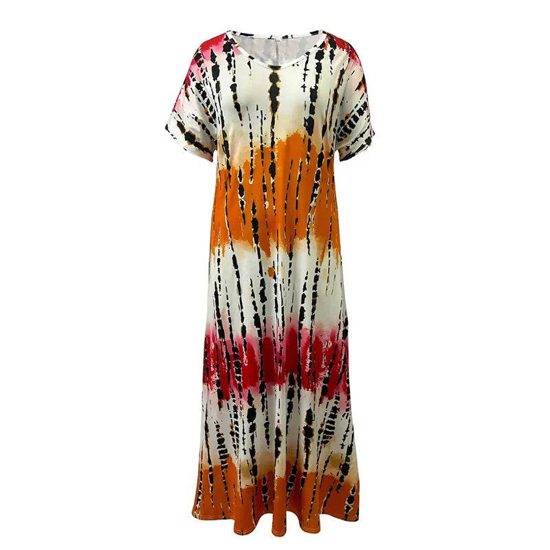 Women's Summer Tie Dye Maxi Dress Short Sleeve V Neck Casual Loose Long Split Dresses - EX-STOCK Canada