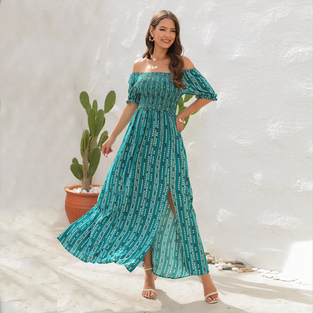 Elegant Off shoulder Spring Summer Maxi dress Slit Chiffon maxi dress for Beach vacation resort travel - EX-STOCK CANADA