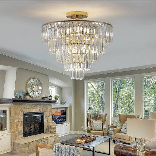 Golden Crystal Chandelier, 5-layer Round Semi-recessed Chandelier Lamp, Large Modern Luxury Chandelier, Suitable For Living Room, Dining Room, Bedroom, Corridor - EX-STOCK Canada