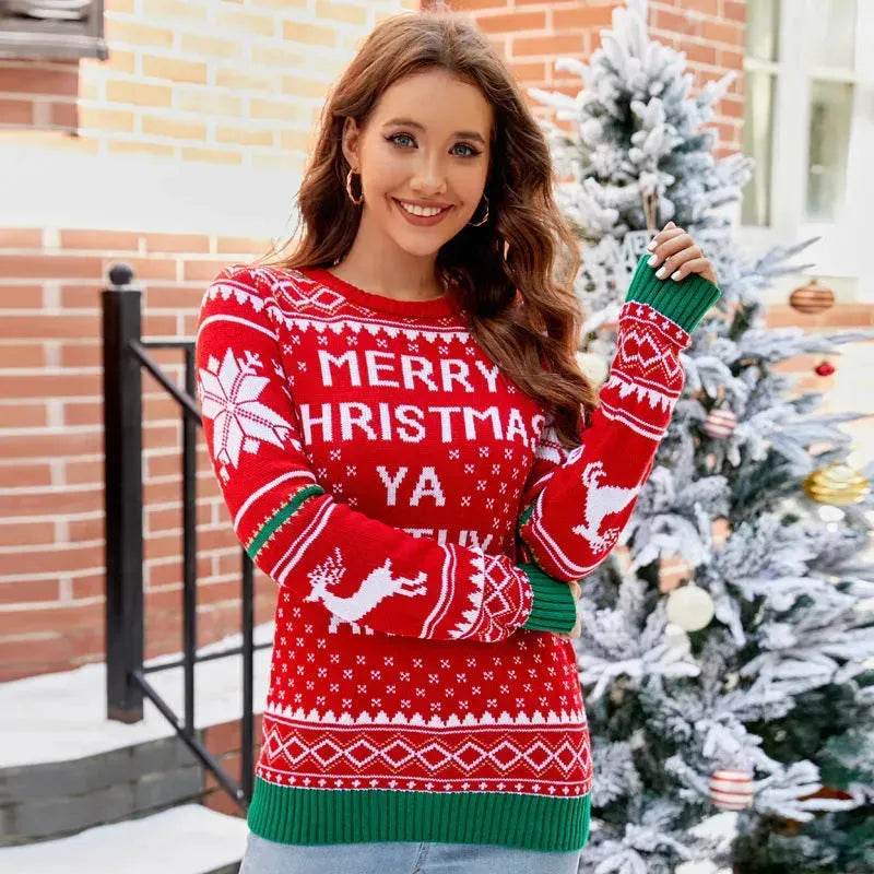 Women's Christmas Sweater Reindeer Xmas Snowflake Christmas Tree Patterns Knitted Sweater Long Sleeve Elk Letter Printed Pullover - EX-STOCK Canada