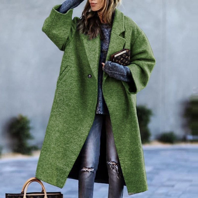 Cappotto Verde in Lana Lunga Autunno e Inverno, Stile Elegante, Adatto al Pendolarismo, Senza Cintura, Collo a Rever, Lento EX-STOCK Canada