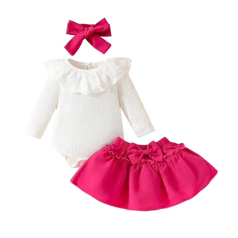 Two piece Baby Girl Lace Ruffles Long-sleeve romper Bow Skirt Hair Bowtie Band baby girl outwear - EX-STOCK Canada