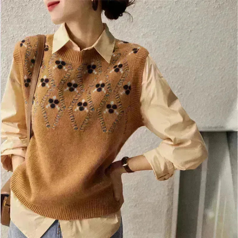 Cashmere Jacquard Sans manches manches rond du cou de coulage tricoté pour les femmes